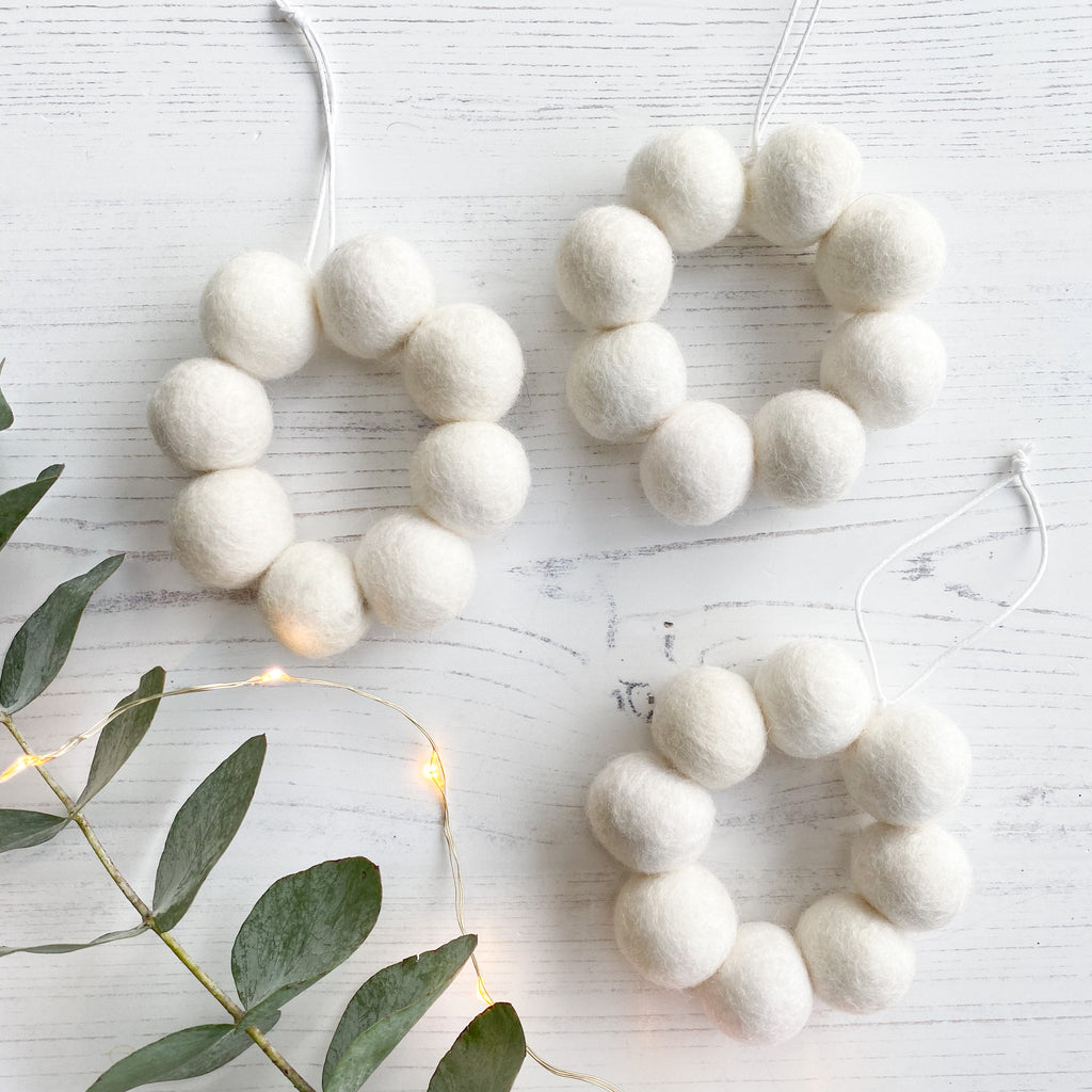 Mini Hanging Felt Ball Wreaths in White