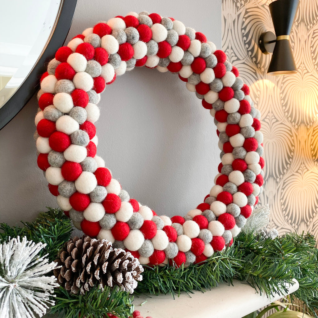 Red, Grey and White Felt Ball Pom Pom Wreath By Stone and Co - stoneandcoshop